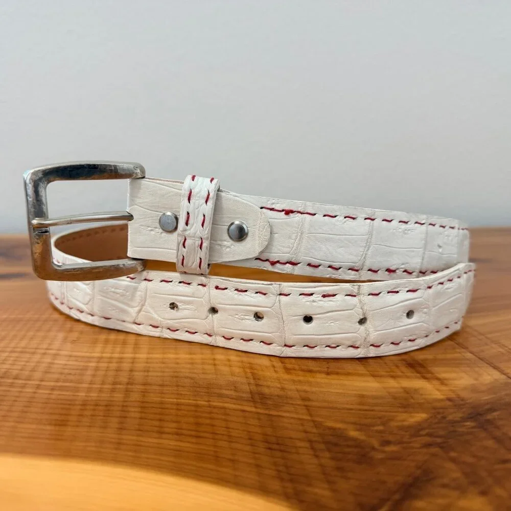 C.S. Murray Handmade White Leather with Red Contrasting Red Stitching Men's Belt